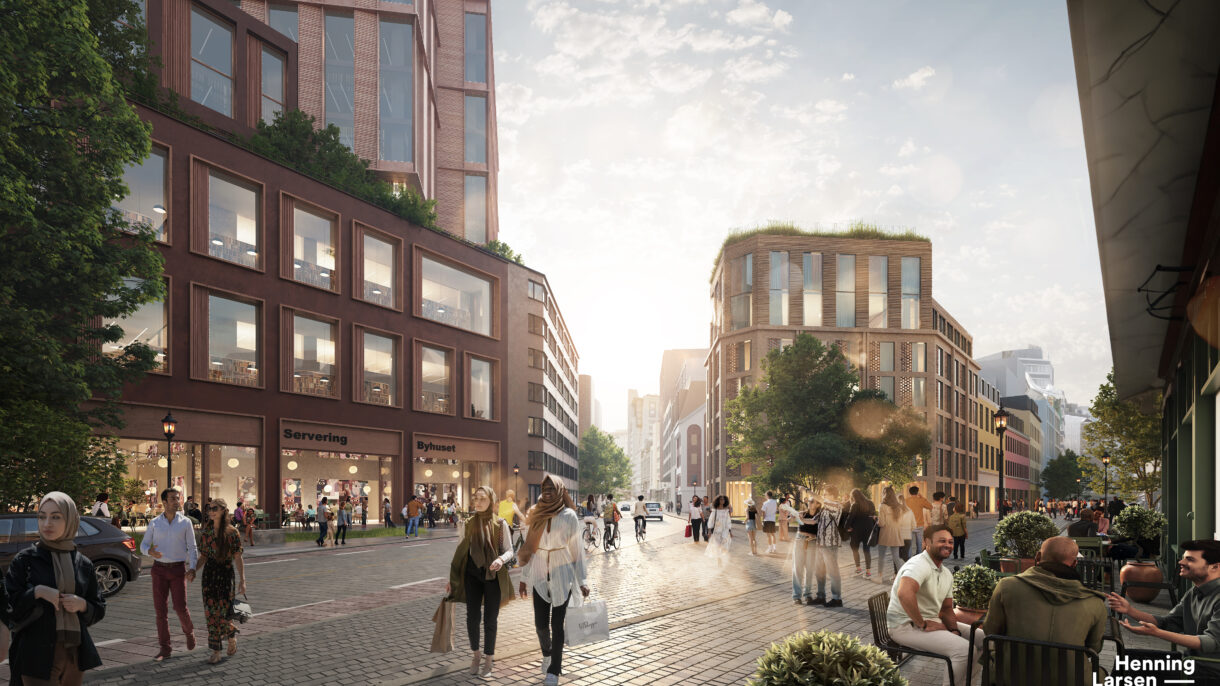 Nytt møter gammelt. Lilletorget sett fra Brugata: Et allment tilgjengelig byhus t.v og opprinnelig fasade tilbakeført på Lilletorget 1. Ill.: Henning Larsen/ Vivid visuals