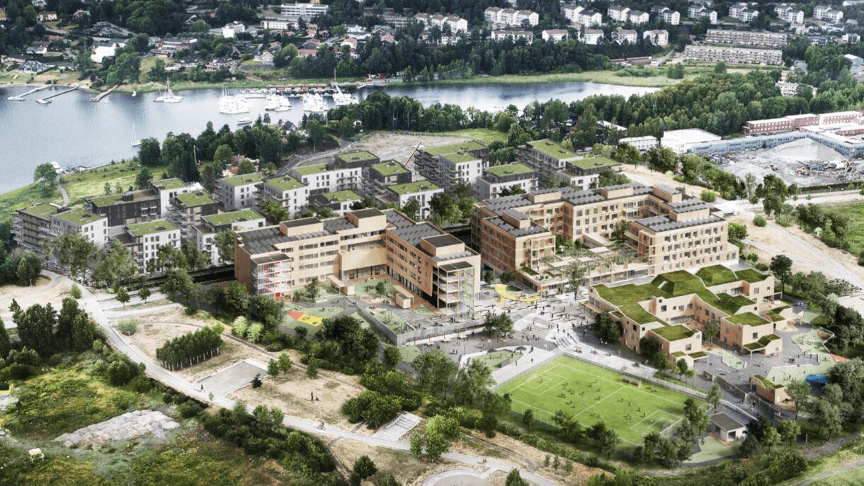 På Oksenøya Senter bygges det en 5-parallell barneskole, barnehage for 300 barn, flerbrukshall, 9’er kunstgress fotballbane, nærmiljøanlegg og bo- og behandlingssenter med 150 beboerenheter. Ill.: Arkitema Architects