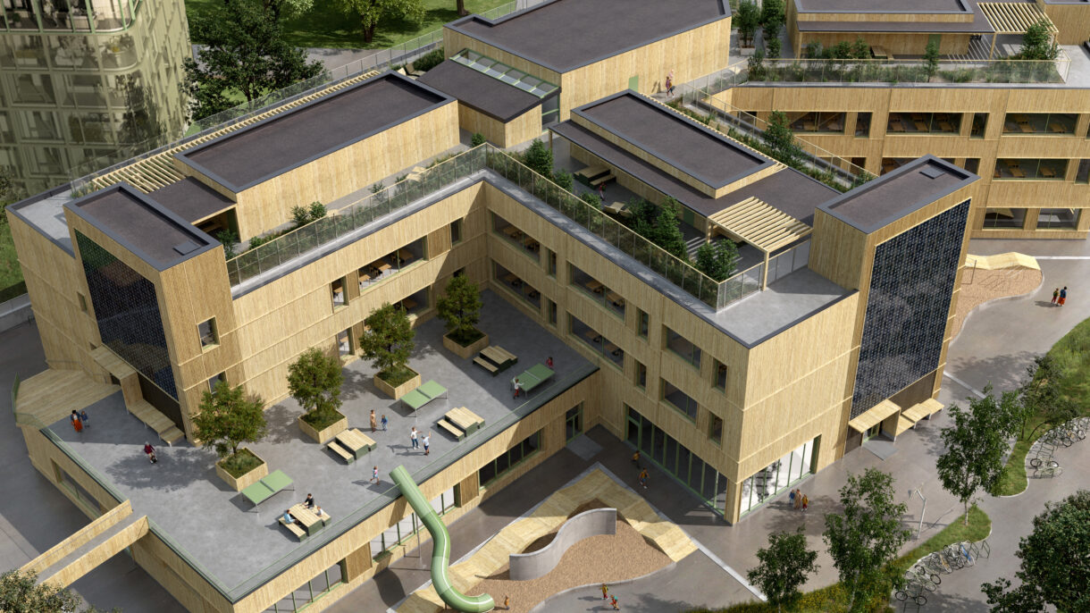 Skolen er Nordre Follo kommunes første forbildeprosjekt i FutureBuilt. Ill.: Arkitema