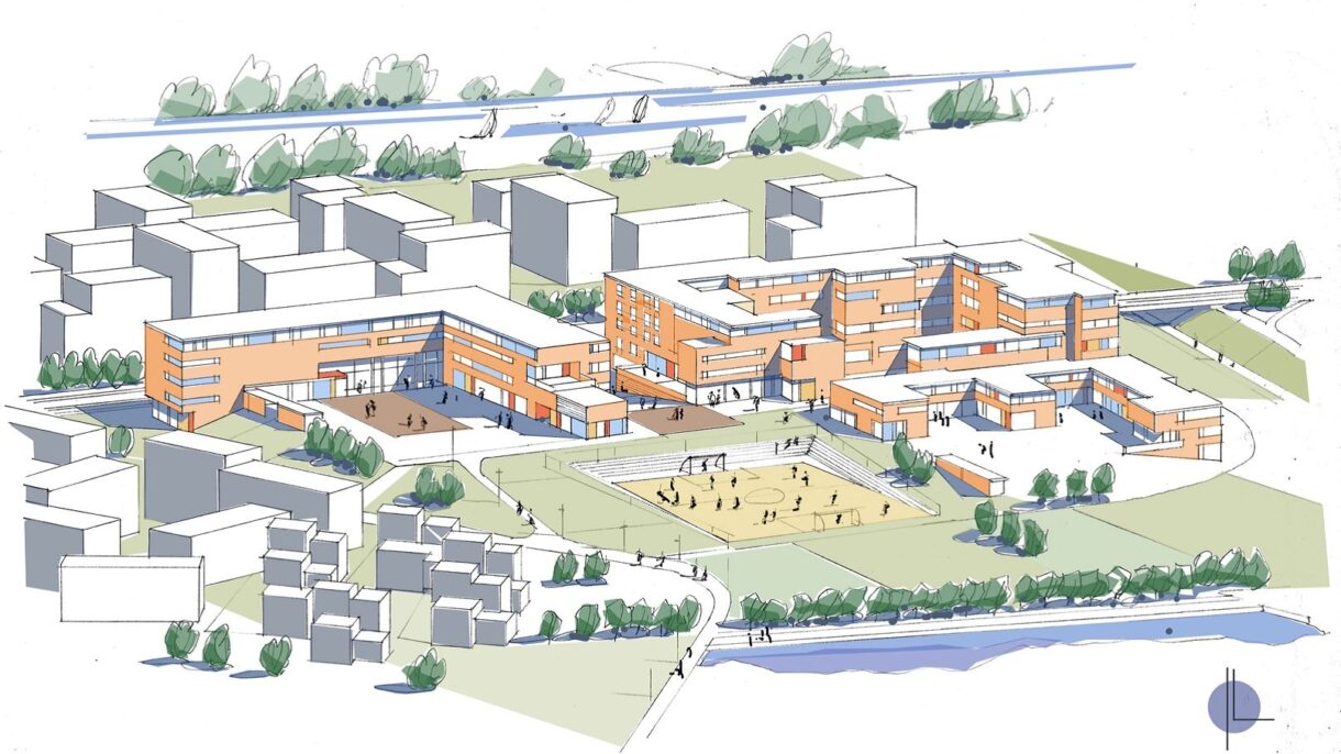 Illustrasjon fra reguleringsplanen. I forkant barnehage, til venstre skole og lengst til høyre bo-og behandlingssenter