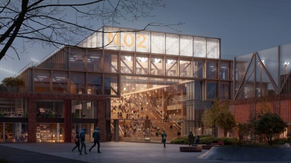 Haptic Architects og PIR2 stakk av med seieren i konkurransen om ny skole og nærmiljøsenteret ved Flytårnet på Fornebu. Ill.: Haptic Architects og PIR2