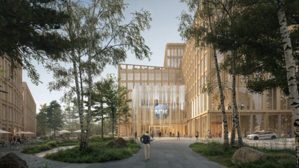 Slik så Nordic og Rodeo for seg at NRKs nye hovedkontor kunne se ut i det innsendte planforslaget. Nå er de videre i konkurransen om å designe selve bygningen. Ill.: Rodeo arkitekter/Nordic/Visulent AB