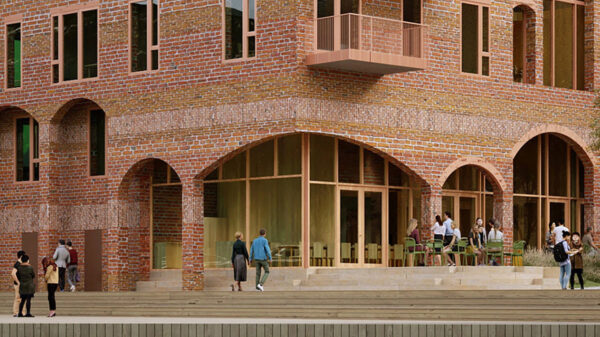 Fasaden på Delegården er tegnet av i ombrukstegl med et konsept som tar høyde for at teglen kan komme i ulike størrelser, farger og typer.Ill.: Kaleidoscope