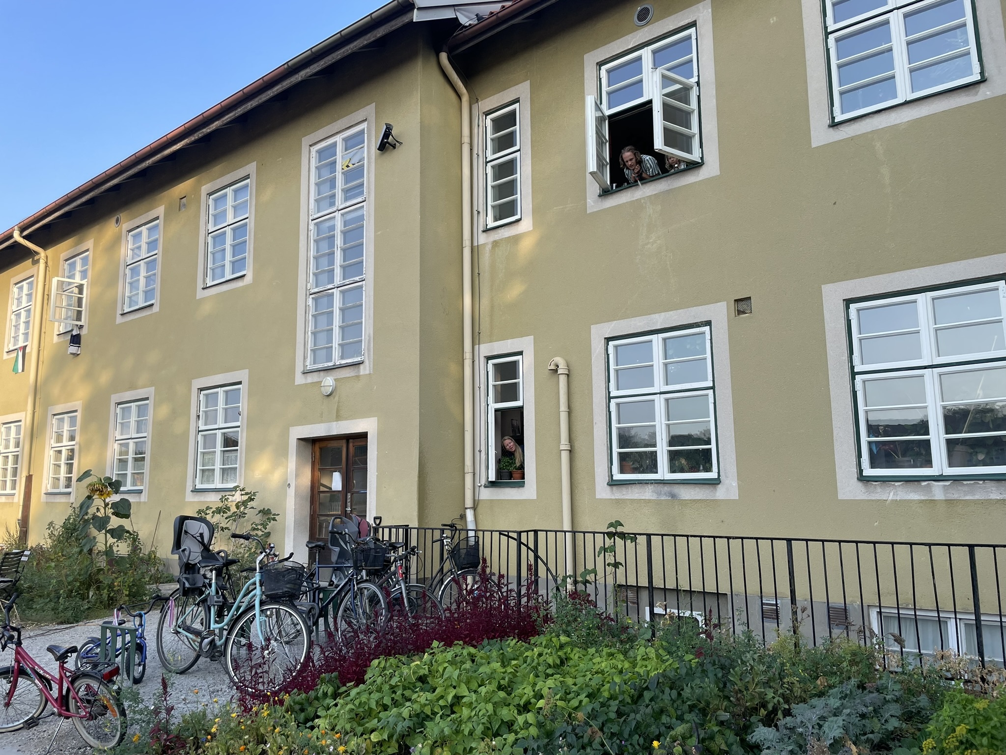 Beige/grønt bygg med sykler foran