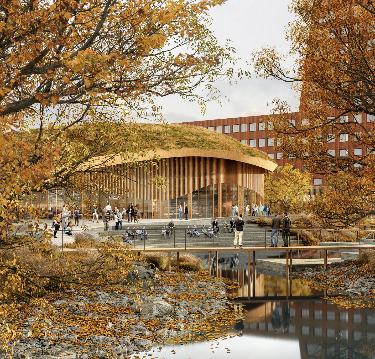 Bygg med gress på taket ved elv med gangbro. Høstlig stemning. Illustrasjon.