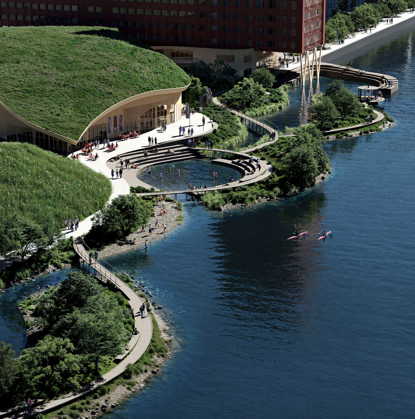 Bygg ved elv med kano og badende. Illustrasjon.