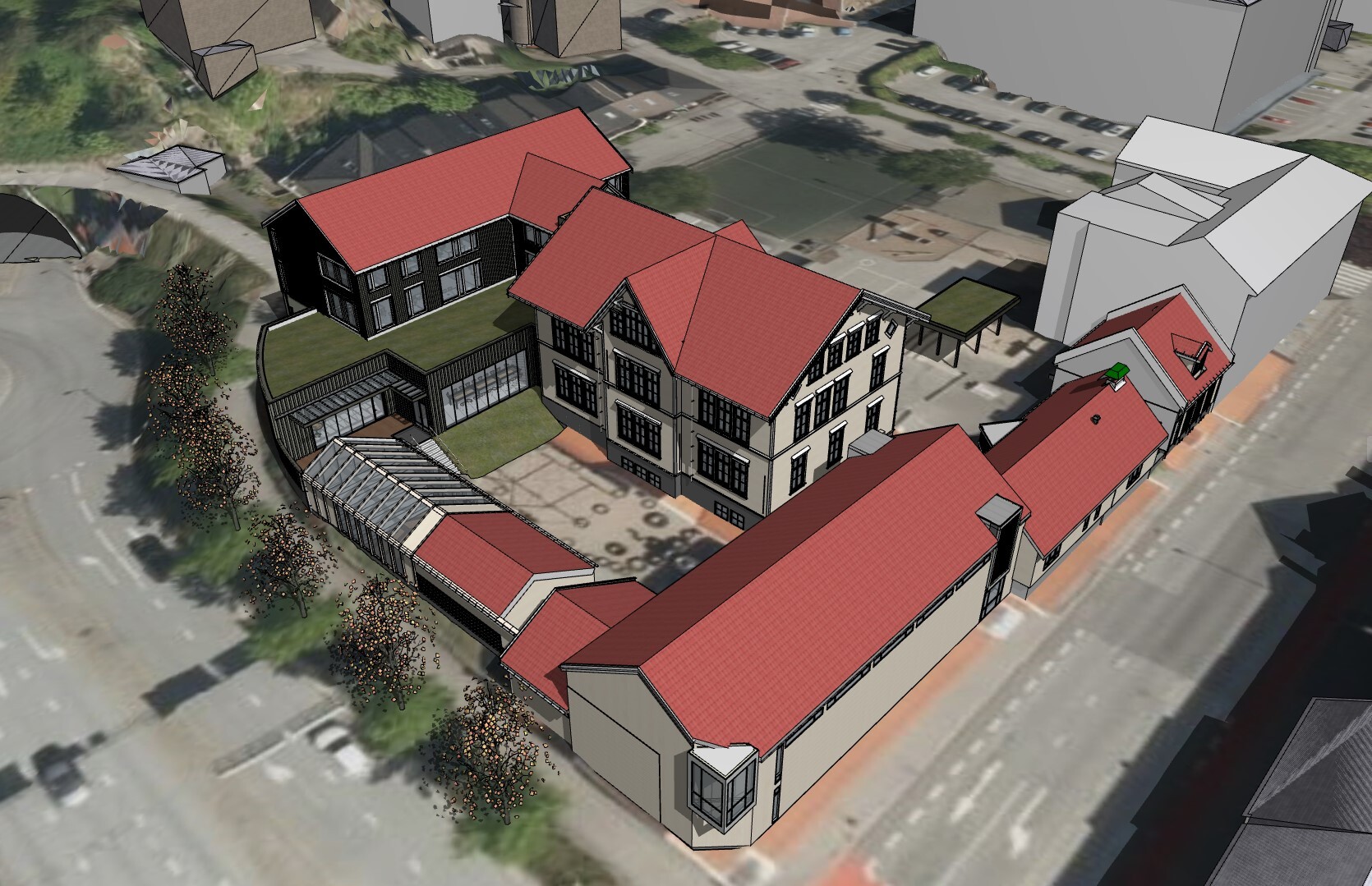 Kvartal med lav bebyggelse i fugleperspektiv. Illustrasjon i kombinasjon med fotografi.