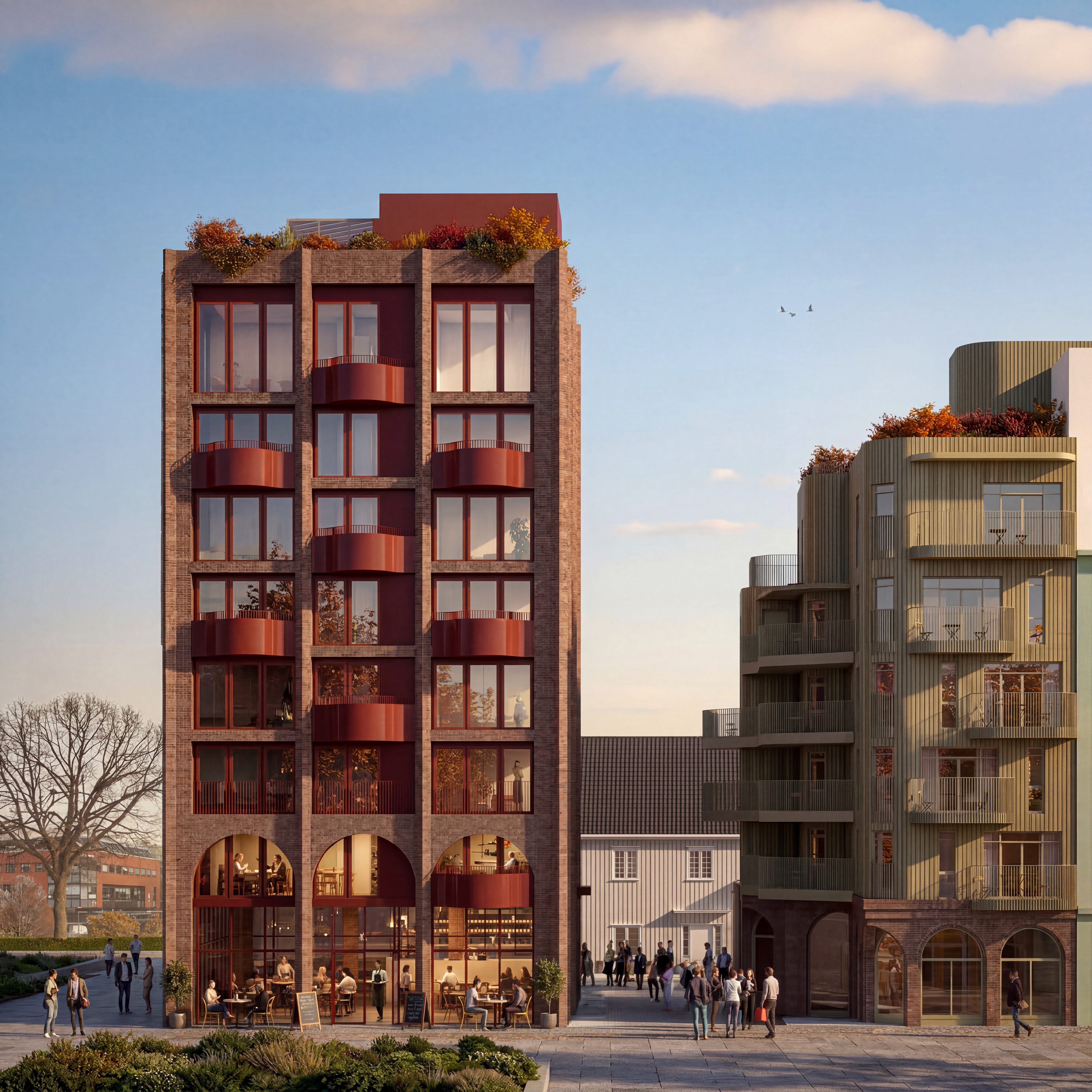 Punkthus og boligblokk med eldre trebygg i bakkant. Plass og grøntanlegg. Rendering.