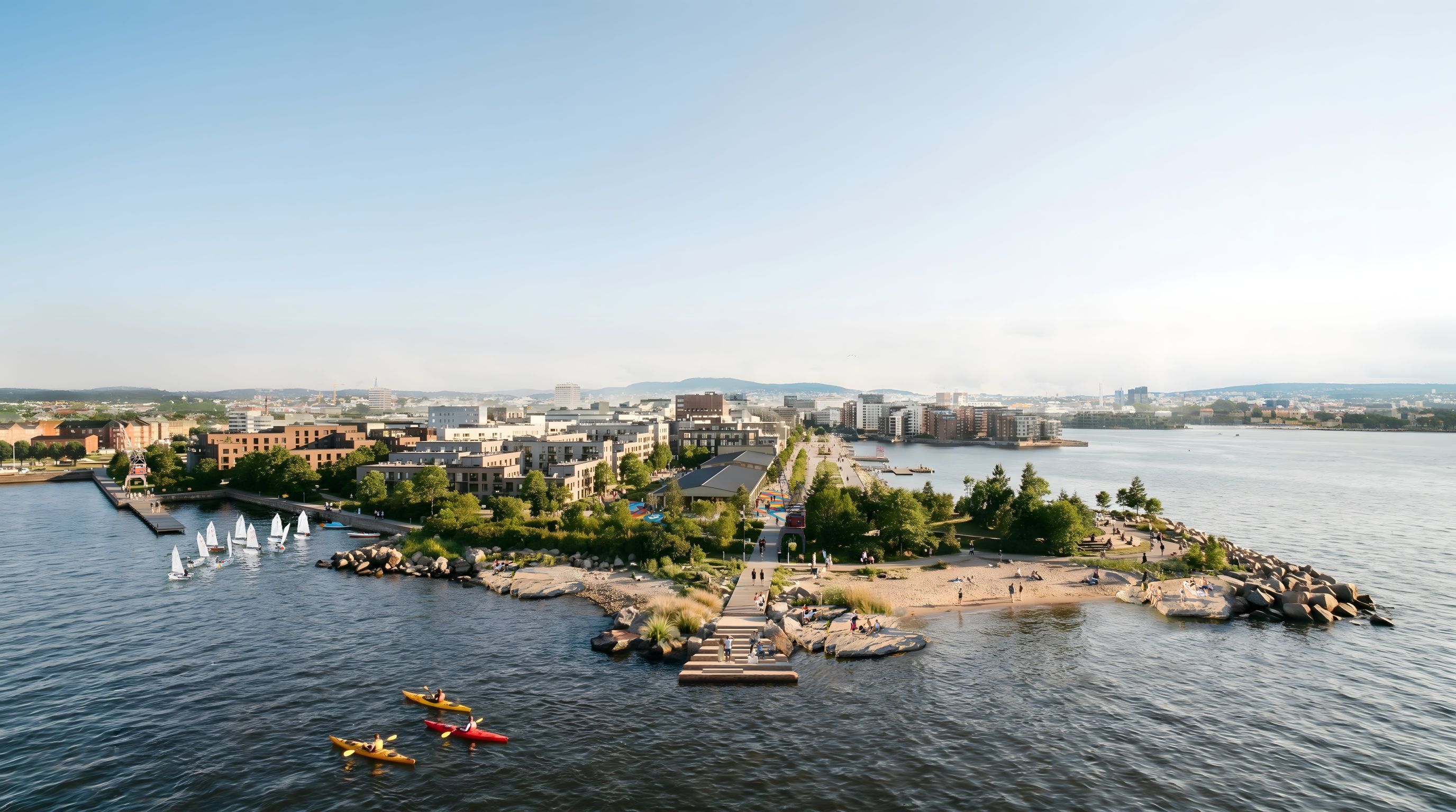 Fugleperspektiv over rekreasjonsområde ved vannet. Rendering.