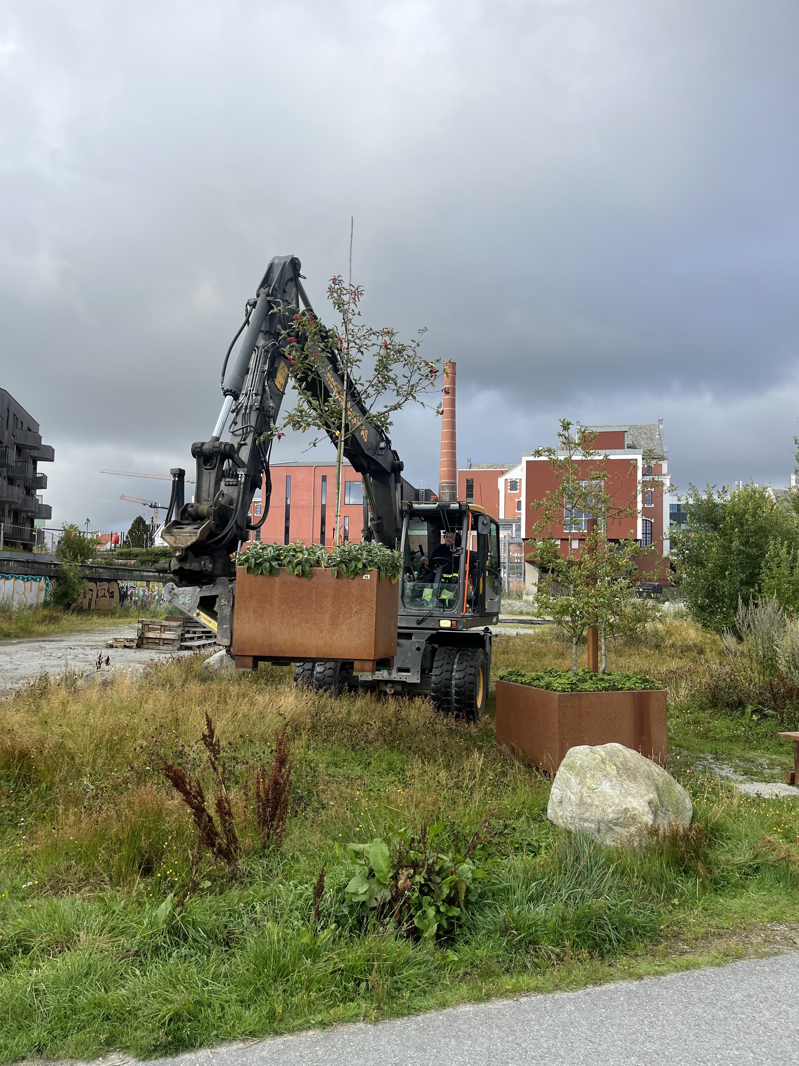 Gravemaskin i ferd med å plassere plantekasser på Sjøparken-tomta. Foto