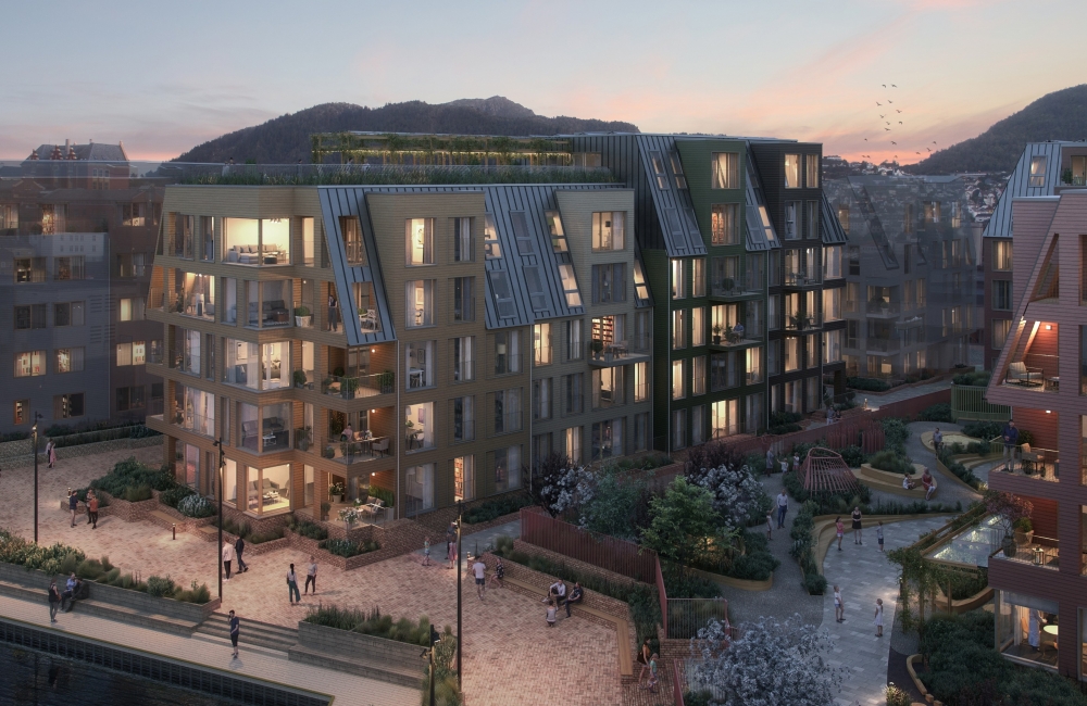 Nøstebukten Brygge har mål om 70 prosent ombruk fra tidligere TV2-hovedkvarter. Ill.: Mad arkitekter