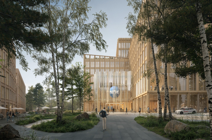 Slik så Nordic og Rodeo for seg at NRKs nye hovedkontor kunne se ut i det innsendte planforslaget. Nå er de videre i konkurransen om å designe selve bygningen. Ill.: Rodeo arkitekter/Nordic/Visulent AB