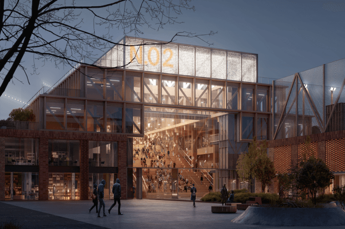 Haptic Architects og PIR2 stakk av med seieren i konkurransen om ny skole og nærmiljøsenteret ved Flytårnet på Fornebu. Ill.: Haptic Architects og PIR2