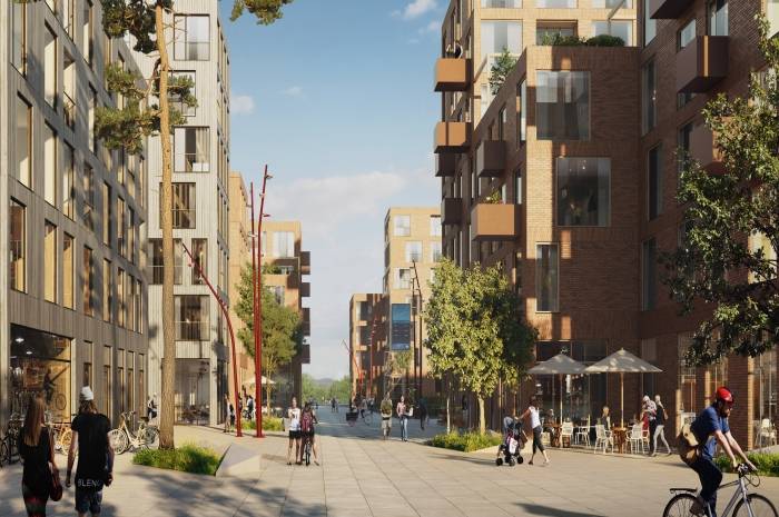 Nansenløkka på Fornebu planlegges bilfritt i dagen (kun nyttetransport, flytting og brannbil) og det etableres tre sykkelparkeringsplasser per bolig. Utbygger: OBOS Fornebu. Arkitekt: Dyrvik Arkitekter AS, Transborder Studio AS