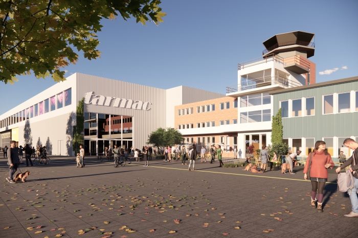 Bærum kommune skal utvikle den gamle flyplassbebyggelsen på Fornebu med vekt på kunst og kulturliv – og med høye ambisjoner for miljø og klima. Ill.: LPO arkitekter