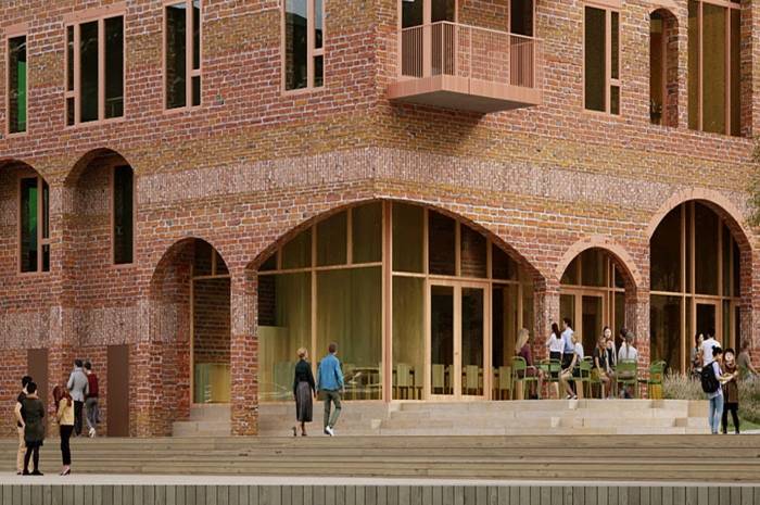 Fasaden på Delegården er tegnet av i ombrukstegl med et konsept som tar høyde for at teglen kan komme i ulike størrelser, farger og typer.Ill.: Kaleidoscope