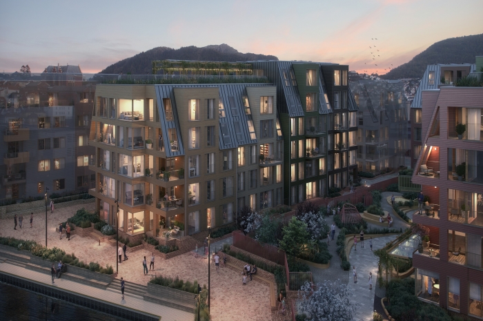 Nøstebukten Brygge har mål om 70 prosent ombruk fra tidligere TV2-hovedkvarter. Ill.: Mad arkitekter Nøstebukten Brygge har mål om 70 prosent ombruk fra tidligere TV2-hovedkvarter. Ill.: Mad arkitekter